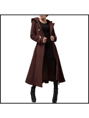 Long Double-Breasted Hooded Wool Blend Trench Coat